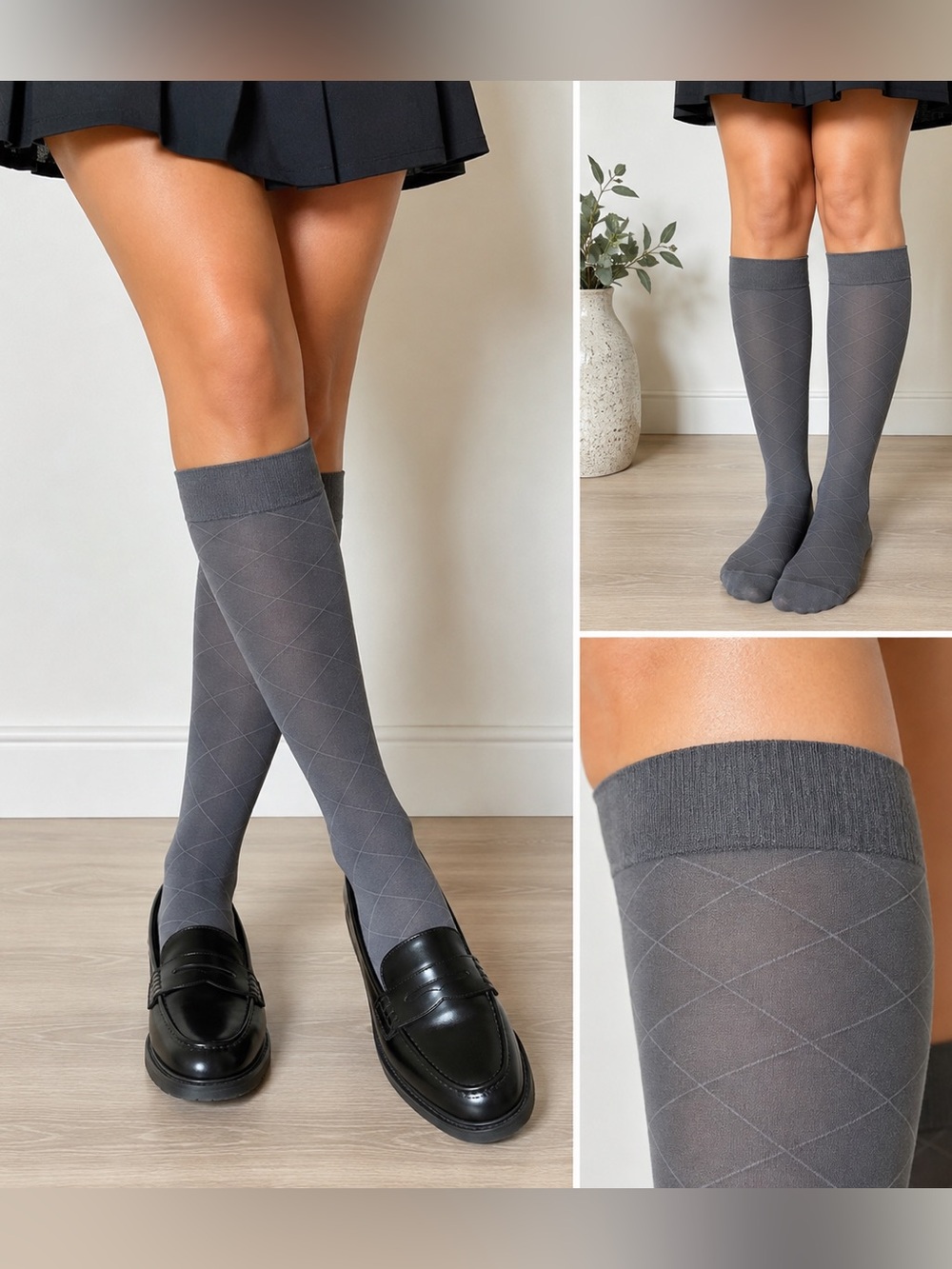 Classic gray knee-high trouser socks featuring a subtle diamond/argyle pattern.